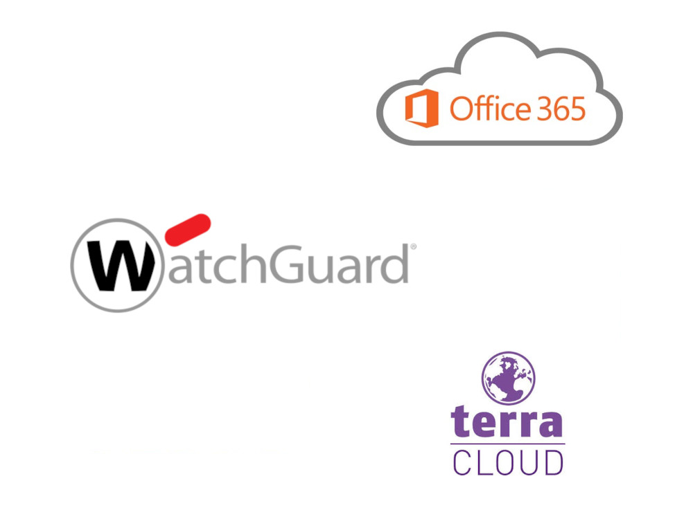 Das Bild zeigt die Logos von Office 365, Terra Cloud und WatchGuard